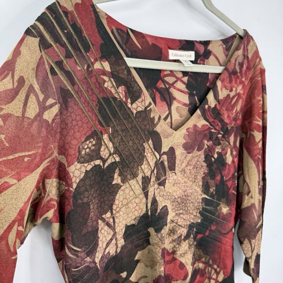 Coldwater Creek Top Large Pleated V Neck Stretch Crepe Autum Color Floral Pullov - Picture 5 of 9